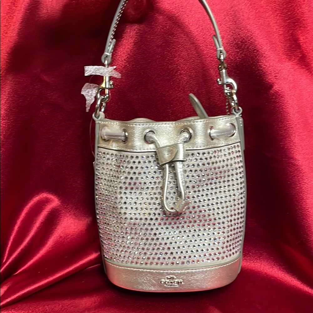 Coach Metallic Silver Crystal-Studded Bucket Shoulder Bag